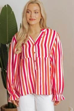 New Dear-Lover Balloon Sleeve Notched V Neck Buttoned Front Blouse Orange Stripe