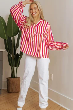 New Dear-Lover Balloon Sleeve Notched V Neck Buttoned Front Blouse Orange Stripe