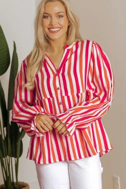 New Dear-Lover Balloon Sleeve Notched V Neck Buttoned Front Blouse Orange Stripe