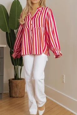 New Dear-Lover Balloon Sleeve Notched V Neck Buttoned Front Blouse Orange Stripe