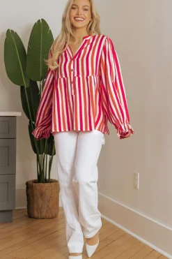 New Dear-Lover Balloon Sleeve Notched V Neck Buttoned Front Blouse Orange Stripe
