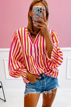 New Dear-Lover Balloon Sleeve Notched V Neck Buttoned Front Blouse Orange Stripe