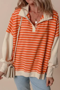 Online Dear-Lover Color Block Loose Fit Collared Drop Shoulder Sweatshirt Orange Stripe