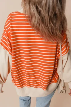 Online Dear-Lover Color Block Loose Fit Collared Drop Shoulder Sweatshirt Orange Stripe