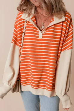 Online Dear-Lover Color Block Loose Fit Collared Drop Shoulder Sweatshirt Orange Stripe