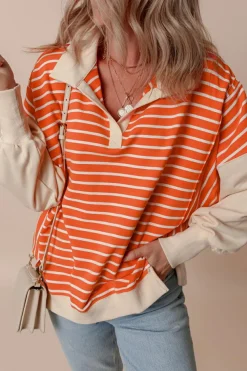 Online Dear-Lover Color Block Loose Fit Collared Drop Shoulder Sweatshirt Orange Stripe