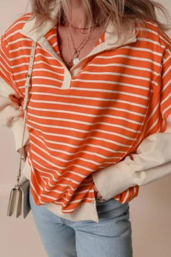 Online Dear-Lover Color Block Loose Fit Collared Drop Shoulder Sweatshirt Orange Stripe