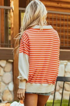 Online Dear-Lover Color Block Loose Fit Collared Drop Shoulder Sweatshirt Orange Stripe