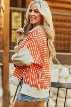 Online Dear-Lover Color Block Loose Fit Collared Drop Shoulder Sweatshirt Orange Stripe