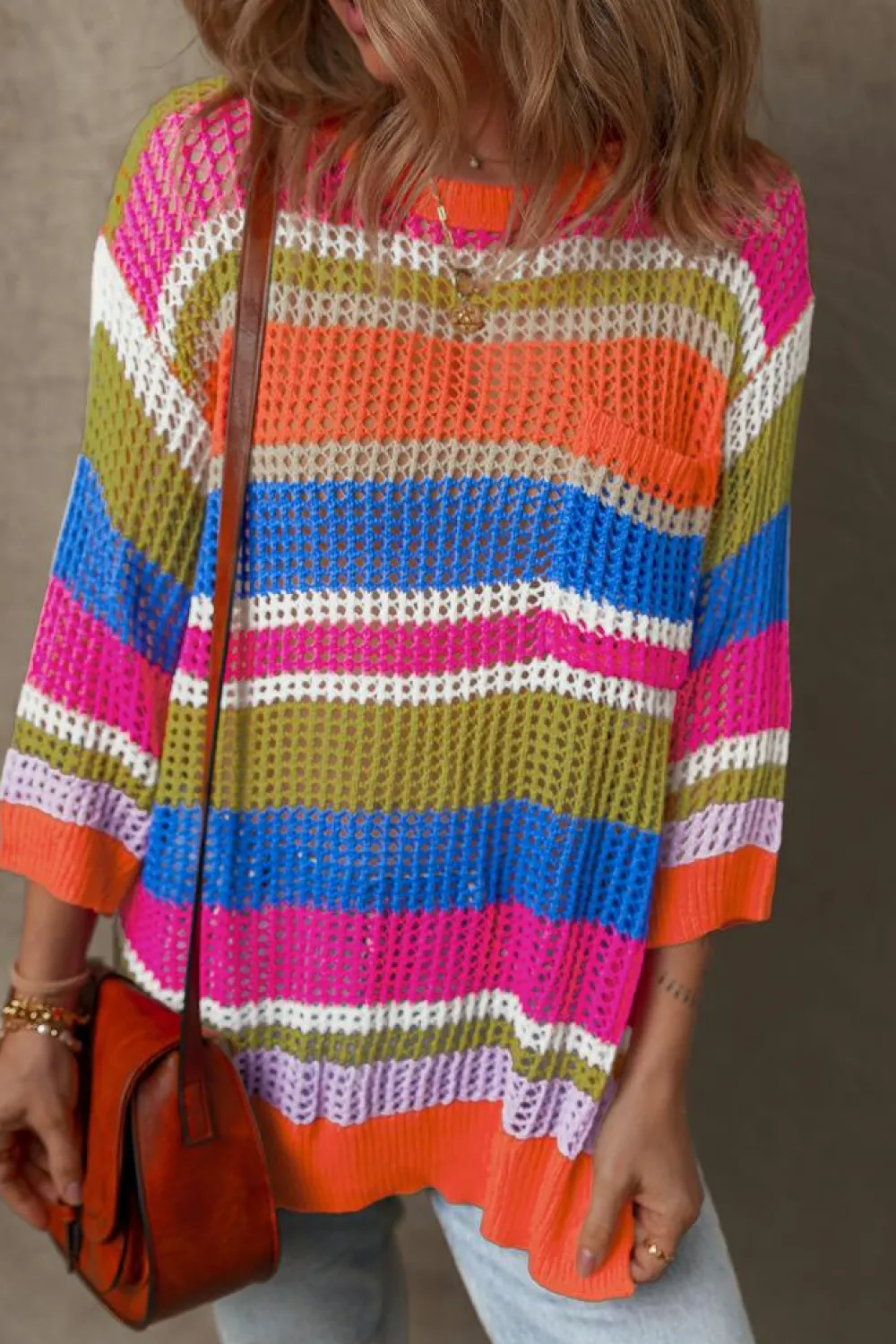 Clearance Dear-Lover Colorblock Hollowed Crochet 3/4 Sleeve Sweater Orange Stripe