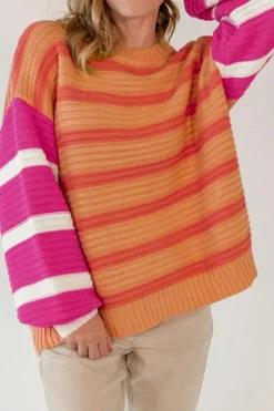 New Dear-Lover Colorblock Crew Neck Drop Shoulder Loose Sweater Orange Stripe
