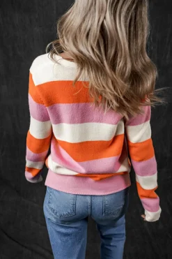 Best Dear-Lover Colorblock V Neck Casual Sweater Orange Stripe