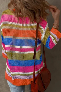 Clearance Dear-Lover Colorblock Hollowed Crochet 3/4 Sleeve Sweater Orange Stripe