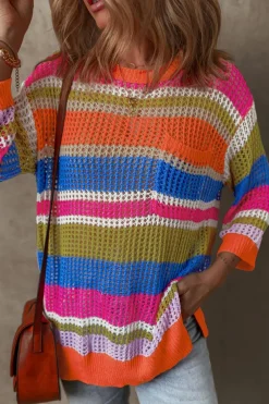Clearance Dear-Lover Colorblock Hollowed Crochet 3/4 Sleeve Sweater Orange Stripe