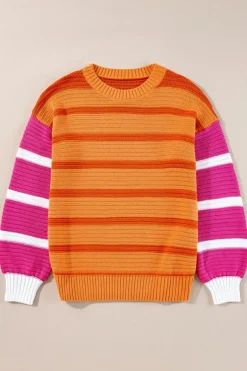 New Dear-Lover Colorblock Crew Neck Drop Shoulder Loose Sweater Orange Stripe