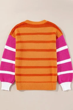 New Dear-Lover Colorblock Crew Neck Drop Shoulder Loose Sweater Orange Stripe