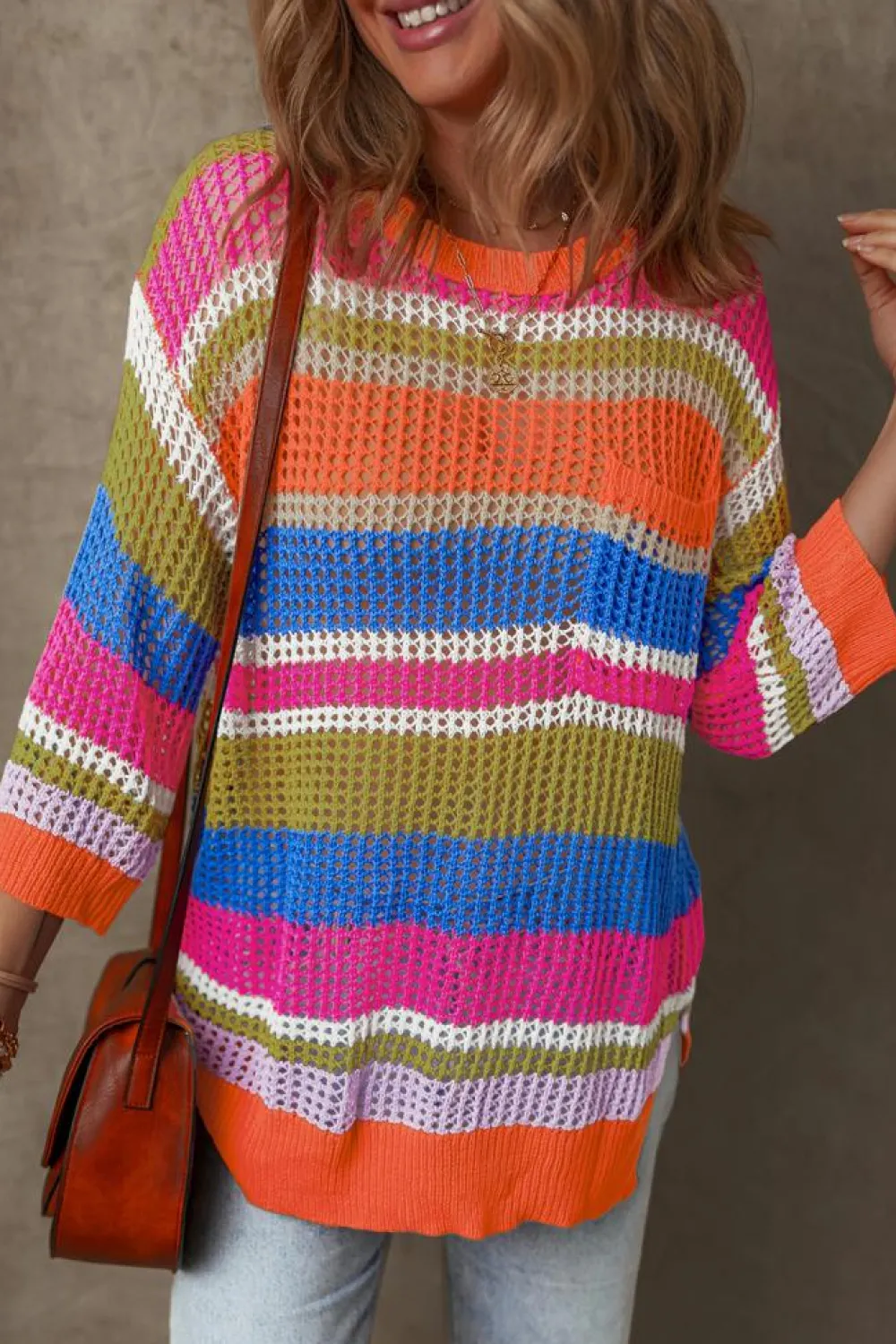 Clearance Dear-Lover Colorblock Hollowed Crochet 3/4 Sleeve Sweater Orange Stripe
