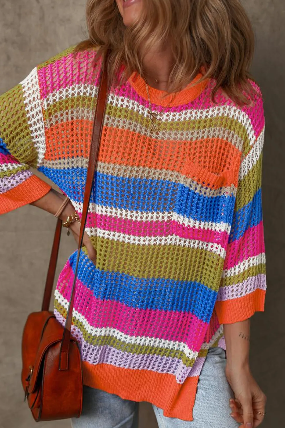 Clearance Dear-Lover Colorblock Hollowed Crochet 3/4 Sleeve Sweater Orange Stripe