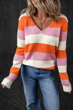 Best Dear-Lover Colorblock V Neck Casual Sweater Orange Stripe