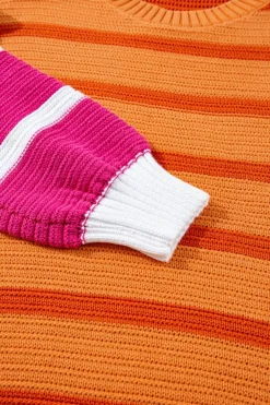 New Dear-Lover Colorblock Crew Neck Drop Shoulder Loose Sweater Orange Stripe
