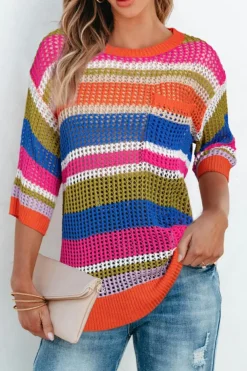 Clearance Dear-Lover Colorblock Hollowed Crochet 3/4 Sleeve Sweater Orange Stripe