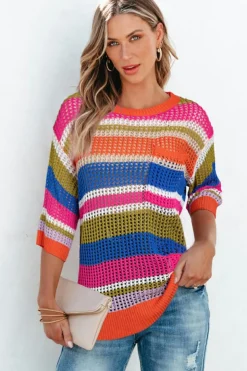 Clearance Dear-Lover Colorblock Hollowed Crochet 3/4 Sleeve Sweater Orange Stripe