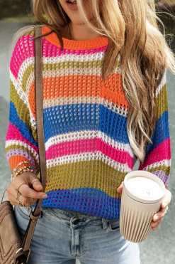 Clearance Dear-Lover Colorblock Hollowed Crochet 3/4 Sleeve Sweater Orange Stripe