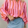 Clearance Dear-Lover Crinckled Ruffled Sleeve Button up Loose Shirt Orange Stripe