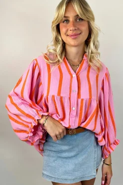 Clearance Dear-Lover Crinckled Ruffled Sleeve Button up Loose Shirt Orange Stripe
