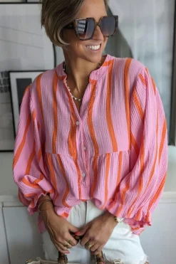 Clearance Dear-Lover Crinckled Ruffled Sleeve Button up Loose Shirt Orange Stripe