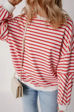 Discount Dear-Lover Drop Shoulder Crew Neck Loose Sweatshirt Orange Stripe
