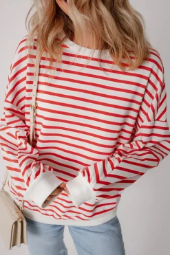 Discount Dear-Lover Drop Shoulder Crew Neck Loose Sweatshirt Orange Stripe