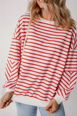Discount Dear-Lover Drop Shoulder Crew Neck Loose Sweatshirt Orange Stripe