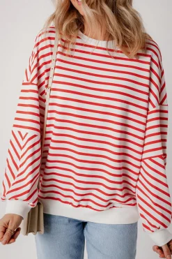 Discount Dear-Lover Drop Shoulder Crew Neck Loose Sweatshirt Orange Stripe