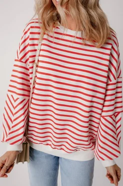 Discount Dear-Lover Drop Shoulder Crew Neck Loose Sweatshirt Orange Stripe