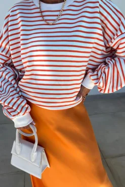 Discount Dear-Lover Drop Shoulder Crew Neck Loose Sweatshirt Orange Stripe