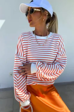 Discount Dear-Lover Drop Shoulder Crew Neck Loose Sweatshirt Orange Stripe