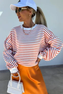 Discount Dear-Lover Drop Shoulder Crew Neck Loose Sweatshirt Orange Stripe