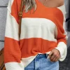 Sale Dear-Lover Loose Color Block Drop Shoulder Bubble Sleeve Sweater Orange Stripe