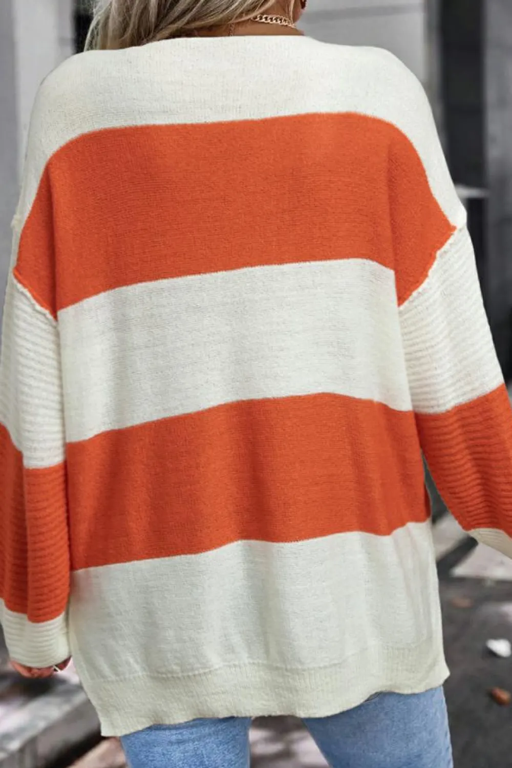 Sale Dear-Lover Loose Color Block Drop Shoulder Bubble Sleeve Sweater Orange Stripe