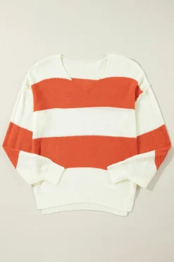 Sale Dear-Lover Loose Color Block Drop Shoulder Bubble Sleeve Sweater Orange Stripe
