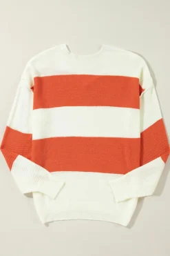 Sale Dear-Lover Loose Color Block Drop Shoulder Bubble Sleeve Sweater Orange Stripe