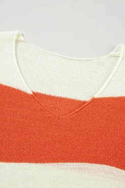 Sale Dear-Lover Loose Color Block Drop Shoulder Bubble Sleeve Sweater Orange Stripe