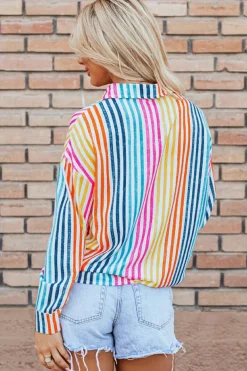 Hot Dear-Lover Multicolor Drop Shoulder Loose Shirt Orange Stripe