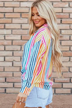 Hot Dear-Lover Multicolor Drop Shoulder Loose Shirt Orange Stripe