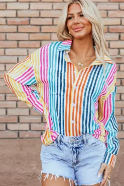 Hot Dear-Lover Multicolor Drop Shoulder Loose Shirt Orange Stripe