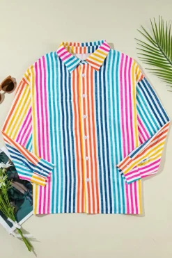 Hot Dear-Lover Multicolor Drop Shoulder Loose Shirt Orange Stripe