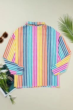 Hot Dear-Lover Multicolor Drop Shoulder Loose Shirt Orange Stripe
