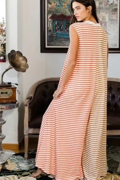 Sale Dear-Lover Oversized Buttoned Front Sleeveless Wide Leg Jumpsuit Orange Stripe