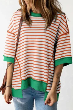 Best Dear-Lover Oversized Contrast Trim Exposed Seam High Low T Shirt Orange Stripe